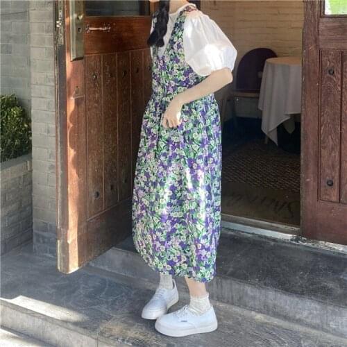 Womens New Korean Style Loose Bubble Short-sleeved Shirt Floral Vest Dress Suit