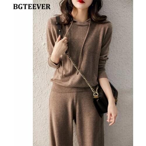 BGTEEVER Autumn Winter Casual Knitted 2 Pieces Set Women Hooded Pullovers & Wide Leg Lace-up Knit Pants 2020 Female Sweater Set