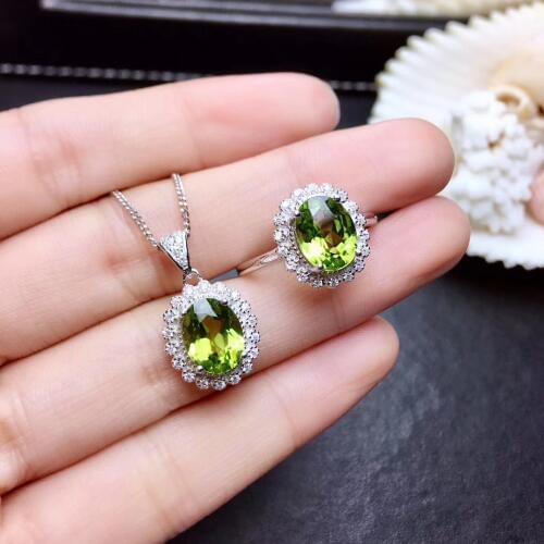 Fashion Lovely round Sunflower S925 silver natural green peridot gem ring pendant natural olivine woman party gift set jewelry