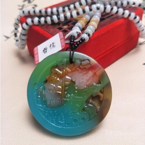 Zheru Jewelry Pure Natural Colorful Jade Round Boat Pendant Tricolor Jade Bead Necklace Send National Certificate