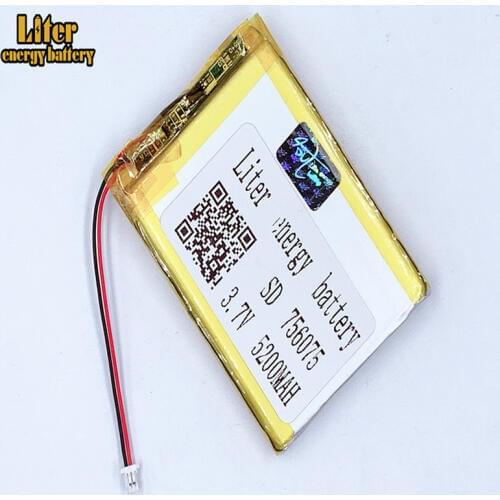 1.0MM 2pin connector 756075 5200mah 3.7V Rechargeable charging lithium polymer battery for Smart mobile phone
