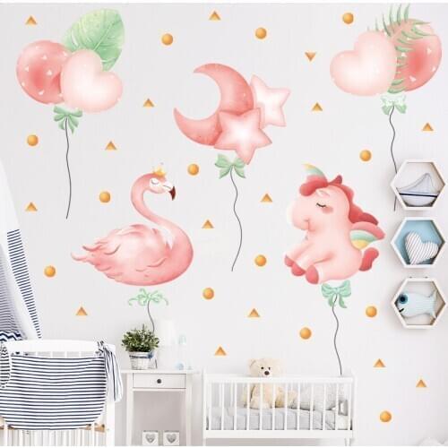 3D Pink Cartoon Unicorn Balloons Wall Stickers Art Kindergarten Girls Home Decor Vinyl Decorated Decals Living Room Decoration