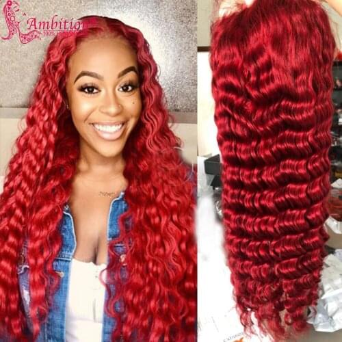Ambition Red Human Hair Wigs Pre plucked Deep Wave Lace Front Wigs Free Part 13x4 Lace Front Wig Bleached Knots Human Hair Wig