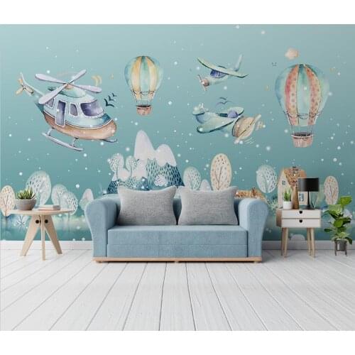 CJSIR Custom Helicopter Hot Air Balloon Over Cartoon Village Wallpaper Background Wallpapers for Childrens Room Wall Decoration