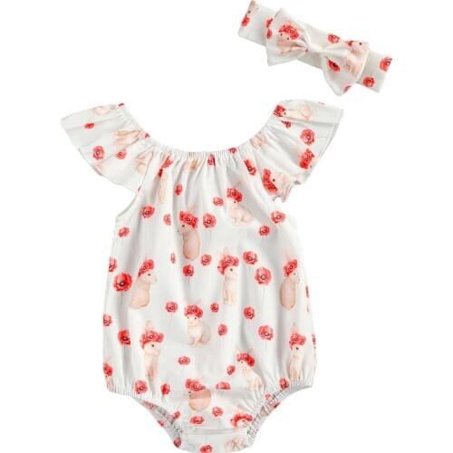 Pudcoco 0-24 Months Babys Jumpsuit, Toddler Girl Easter Bunny Print O-neck Sleeveless Romper and a Headband