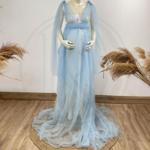 Photo Shoot Tussle V- Maternity Maxi Long Dress Pregenancy Voile Gown Party Robe for Woman Photography Prop Baby Shower Gift