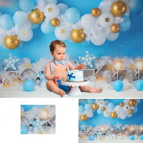 Children Portrait Photography Background Blue Boy 1st Birthday Backdrop Cloud Star Balloon Baby Shower Decor Photo Backdrop