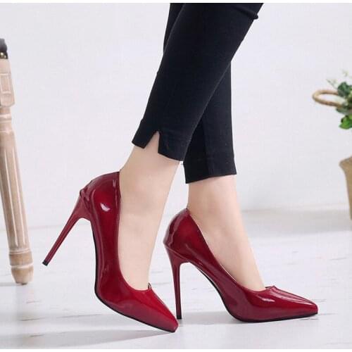 Japanned leather super thin high heels pointed toe shallow brief slip on party ladies pumps solid comfy sexy elegant women shoes