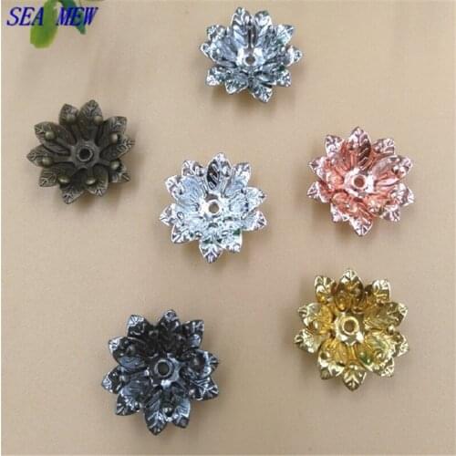 SEA MEW 15mm Copper Filigree Three Layers Of Flowers Bead Caps 4 Colors Plated Charm For Jewelry Making