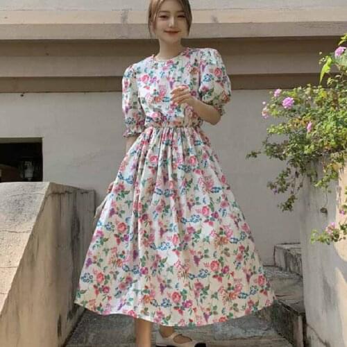 Elagant Sweet Dress Women Gentle Temperament Casual Korean Floral Print Maxi Dress Summer 2021 Female Puff Sleeve Beach Dress