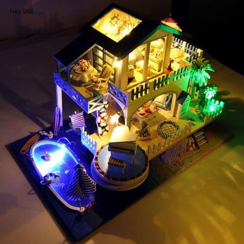DIY Blue Sea Pool Villa Wooden Dollhouse Miniature Furniture With LED Kits Doll Houses Assemble Toys Children Christmas Gift