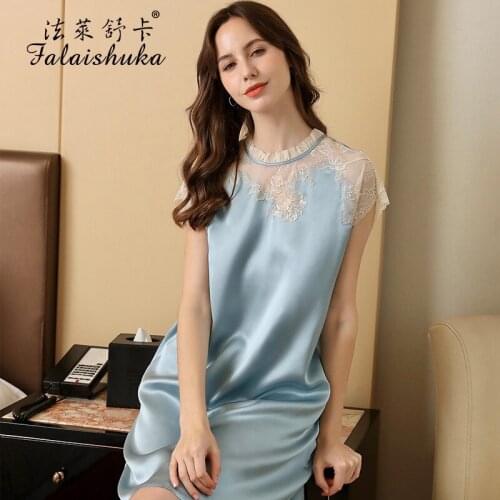 19 momme 100% Natural silk women nightgown Elegant blue Short sleeve sweet wedding bride nightdress women sleepwear S5698