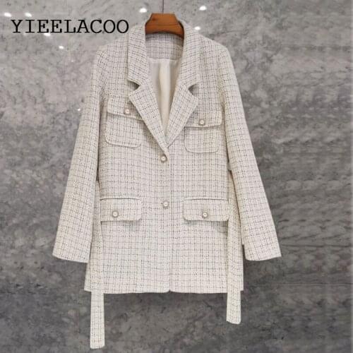Apricot Plaid tweed coat Double breasted one-piece Autumn/winter womens jacket Belted Small Fragrant Wind ladies coat