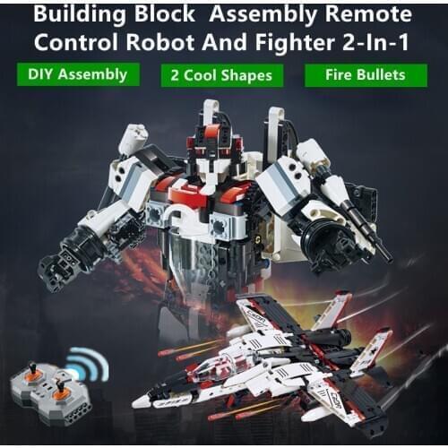 Robot And Fighter 2-In-1 Building Block Assembly Toy Dual Motor Flexible Joint Two Cool Shapes Fire Bullets Remote Control Robot