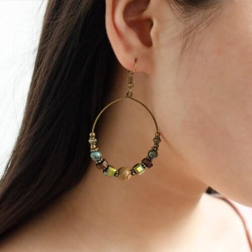 ISINYEE Antique Wooden Beads Hoop Earrings For Women Girls Vintage Gold Bead Round Circle Ethnic Ear Jewelry