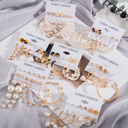 Retro Geometric Golden Metal Earrings Set For Women Fashion Pearl Dangle Drop Earrings 2021 Trend Set of Earrings Jewelry Gift