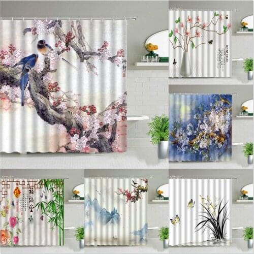 Chinese Style Flower Bird Scenery Shower Curtains Plant Floral Landscape Bathroom Waterproof Fabric Bath Curtain Set With Hooks