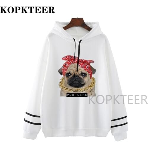 Pug Singlet Print Women Hoodies Kawaii Printed Long Sleeve Hooded Womens Clothes Tops Harajuku Korean Style Ladies Sweatshirts