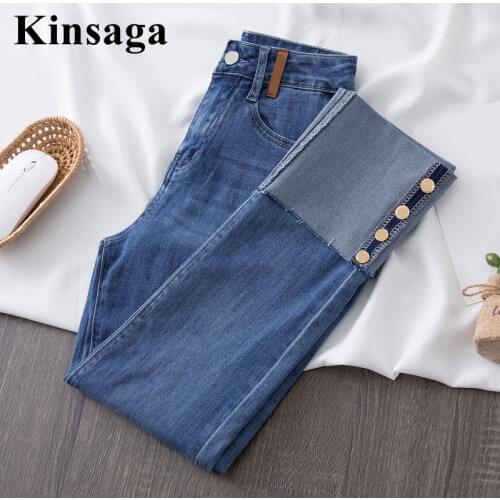Plus Size Buttons Patchwork Stretch Skinny Jeans for Women 4XL High Waist High Stretchy Distressed Pencil Capris Blue Denim Pant