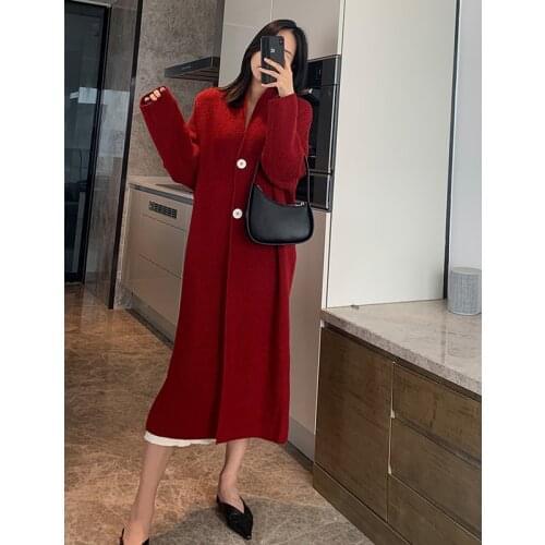 [ZAYAU]Red Thin T-Shirt Medium Length womens Autumn Winter New Year Large Loose Knit Cardigan Button Sweater Coat 2021