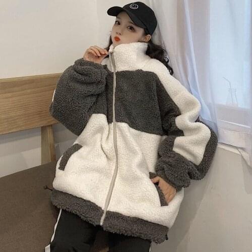 2020 Winter Woman New Stand Collar Long-sleeved Cashmere Loose Splicing Minimalist Cardigan Top Lambfur Coat C932