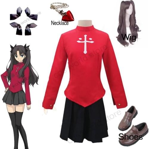 Fate/Stay Night Tohsaka Rin Cosplay Costume Uniform Women Dress Rin Tohsaka Top Skirt Wig Shoes Headware Suit Halloween Costume