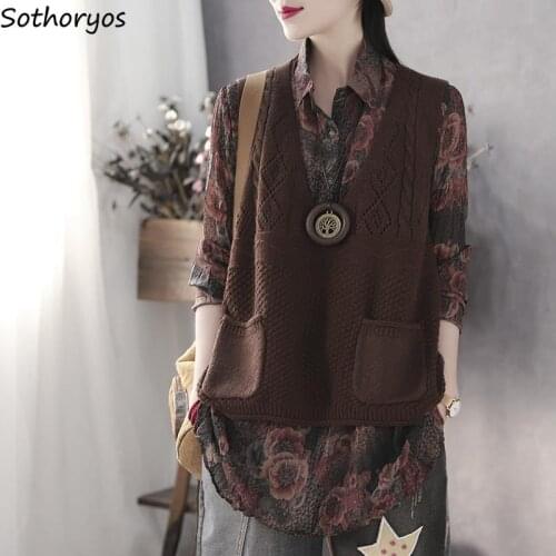 Sweater Vest Women Pockets Low-neck Ribbed Large Size 4XL Daily Outwear Elegant Womens Sweaters Retro Vintage All-match Fashion