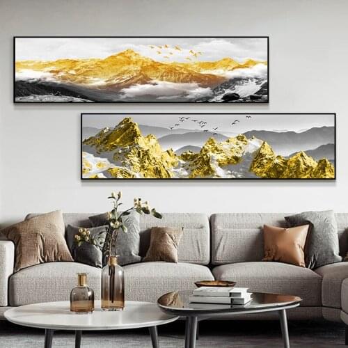 Abstract Golden Art Canvas Print Poster Mountain Flying Birds White And Black For Living Room Home Decor Wall Picture