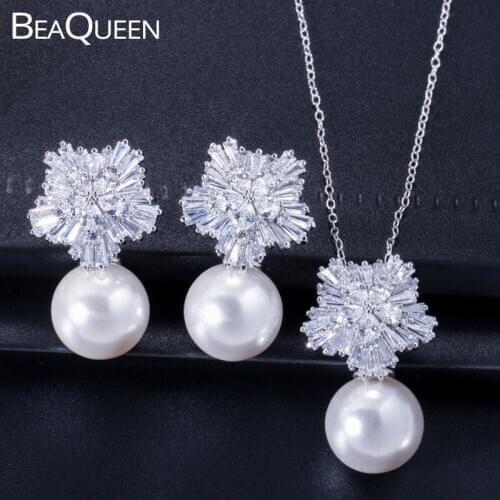 BeaQueen Fashion White Gold Color Ladies Gift Cubic Zircon Stone Earring Pendant Necklace Pearl Jewelry Set for Women JS040