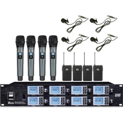 Bolymic Wireless Vocal Microphone Karaoke System 4 Lavalier 4 Handheld Microphone Conference uhf Wireless Mics System For School