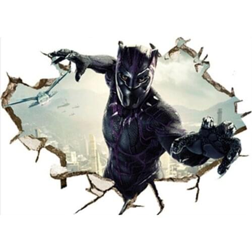 Black Panther 3d broken wall cartoon vinyl mural stickers kids room decoration boy favorite anime hero poster wallpaper 70*50cm