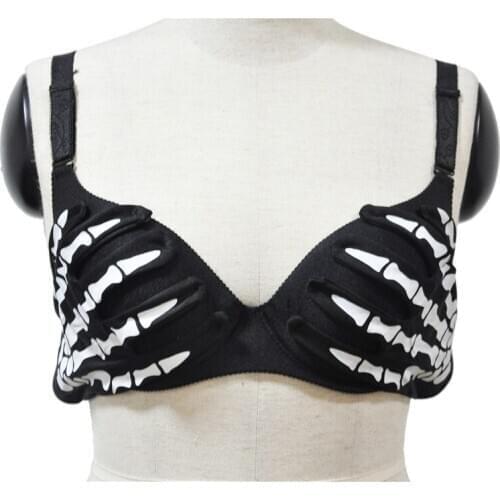 Womens Halloween Sexy Punk Bra Top Steampunk Skeleton Claws Party Nightclub Rock White Bones Clubwear Black Lingerie Crop Top