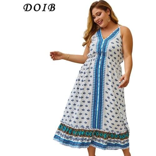 DOIB Plus Size Spaghetti Strap Dresses Deep V Neck Sleeveless Elastic Waist Long Dress XL 2XL 3XL 4XL