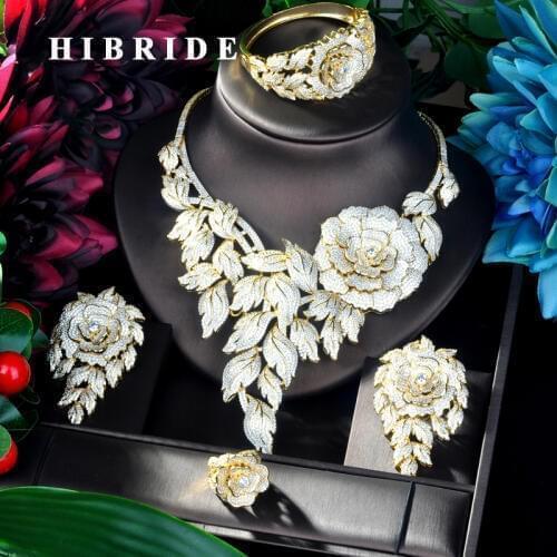 HIBRIDE New Luxury Flower Necklace Pendant Gold Color Luxury Women Jewelry Set For Bridal Party Accessories Jewelry Gifts N-923