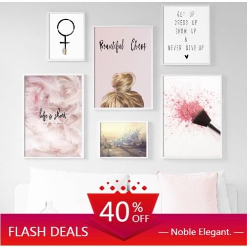 Canvas Painting Girl Pink Feathers Blush Powder Landscape Wall Art Nordic Posters And Prints Wall Pictures For Living Home Decor