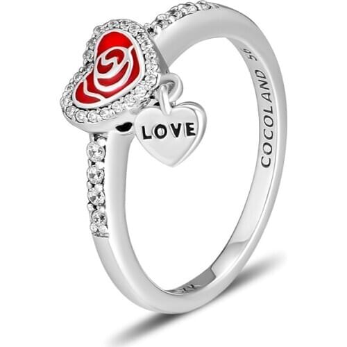 Love In My Heart Rings with Berry Red Enamel & Clear CZ 100% Authentic 925 Sterling-Silver-Jewelry Free Shipping