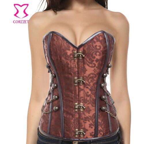 Brown Brocade Overbust Steampunk Corset Gothic Clothing Corselet Plus Size Corsets and Bustiers Korsett For Women Bustier Sexy