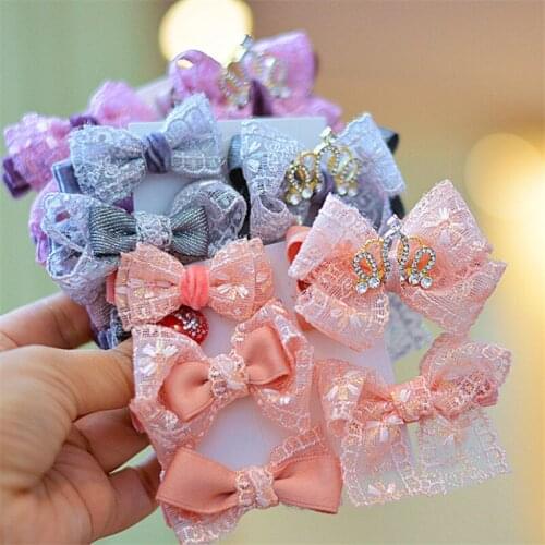 8pcs/lot Cute Bow Ribbon Hair Clips Lace Crystal Crown Hairpin Korean Princess Children Barrettes Girl Hair Accessories