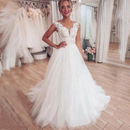 Fashion Off-Shoulder A-Line Sleeveless Bride Dresses Soft Tulle Robe de Mariee Illusion Back Wedding Gowns