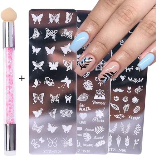 Leaves Butterfly Image Nail Stamping Plates Set Gradient Sponge Brush Silicone Stamper Nails Art Polish Template BESTZN01-12-2