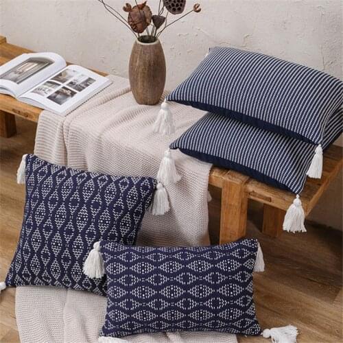 Navy Blue Cushion Cover 45x45cm/30x50cm Ethnic Stripe Pillow Cover Home Decoration Boho Style Tassels for Farmhouse Sofa Bed Car