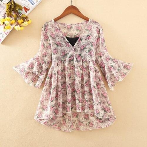 2019 summer new women 2 pieces blouse and shirts floral printed floral flare sleeved A-line slim lady elegant shirts outwear