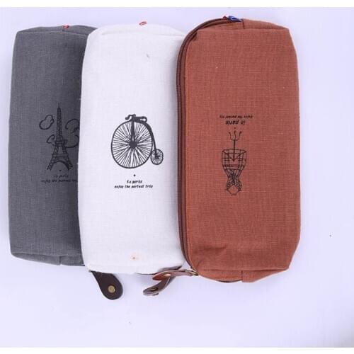 1 PC Simple Style Retro Solid color with pattern Linen Pencil Bag Students Paris Style Pencil Cases Stationery Office Supplies