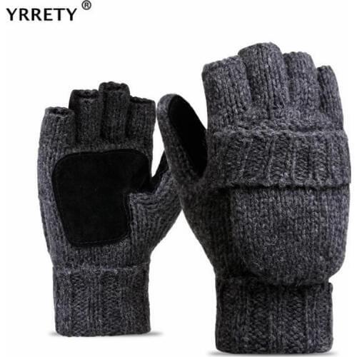 YRRETY Unisex Thick Male Fingerless Gloves Men Wool Winter Warm Exposed Finger Mittens Knitted Warm Flip Half Finger Gloves Hot