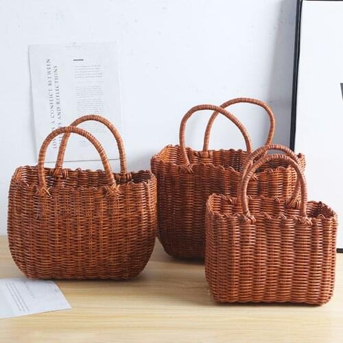 Handmade Plastic Woven Picnic Basket With Handle Natural Woven Storage Organizer Blanket Rattan Shopping Basket