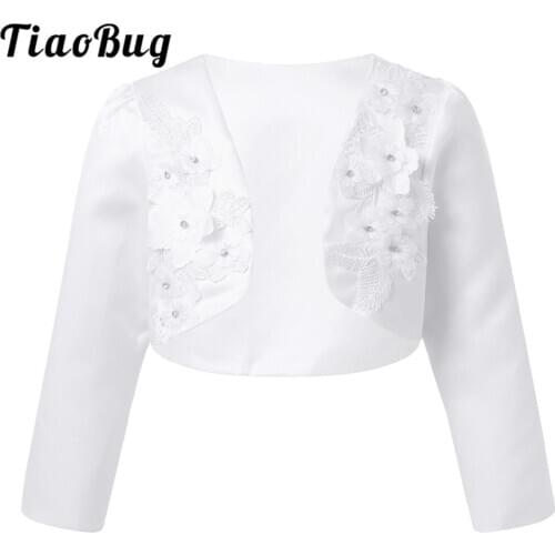 Wedding Flower Girl Dresses Short Cardigan Cover Up Kids Girls Embroidered 3D Flowers Long Sleeve Bolero Jacket Wrap Coat Shrug