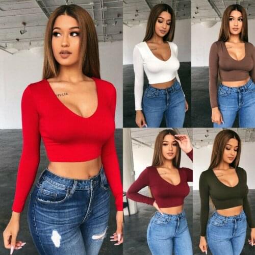Casual Women V-neck Plain Shirts Crop Tops Ladies Bandage Wrap Tops Solid Long Sleeve Slim Pullover Female Bottoming Shirts