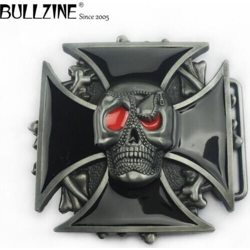 Bullzine wholesale Cross belt buckle with skull with pewter finish FP-02562 suitable for 4cm width belt
