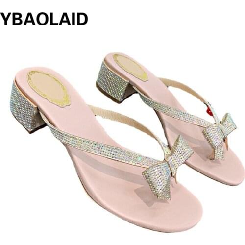 Flip-toe Bow Word Flip Flops Crystal Hot Rhinestone Silk Bow Sandals and Slippers 2021 Summer Sandals with Thick Heel Sandals