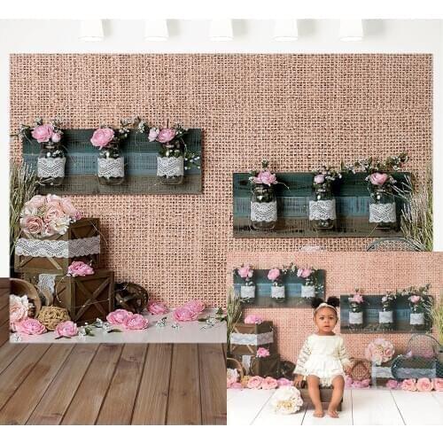 Vase Pink Flower Wall Child Birthday Photography Background Wooden Box Green Leaf Decor Photographic Backdrops For Photo Studio